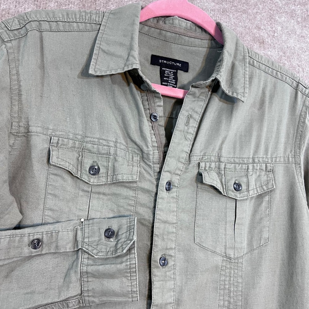 Structure Button Up Shirt Mens Small Green Linen Blend Utility Safari Gorpcore